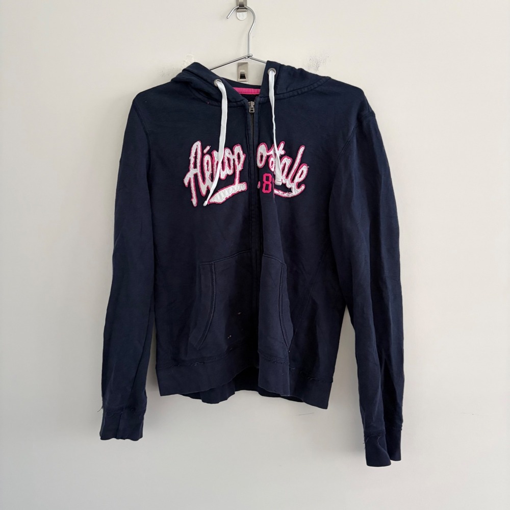 Aeropostale Womens XL Navy Blue Pink Embroidered Full Zip Hoodie